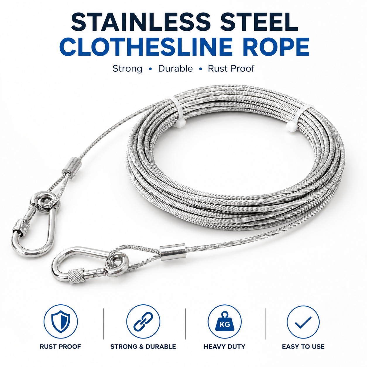 Stainless Steel Wire Rope Clothesline 10 Meter With Hooks
