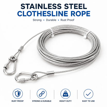 Stainless Steel Wire Rope Clothesline 10 Meter With Hooks