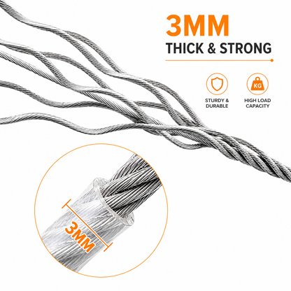 Stainless Steel Wire Rope Clothesline 10 Meter With Hooks