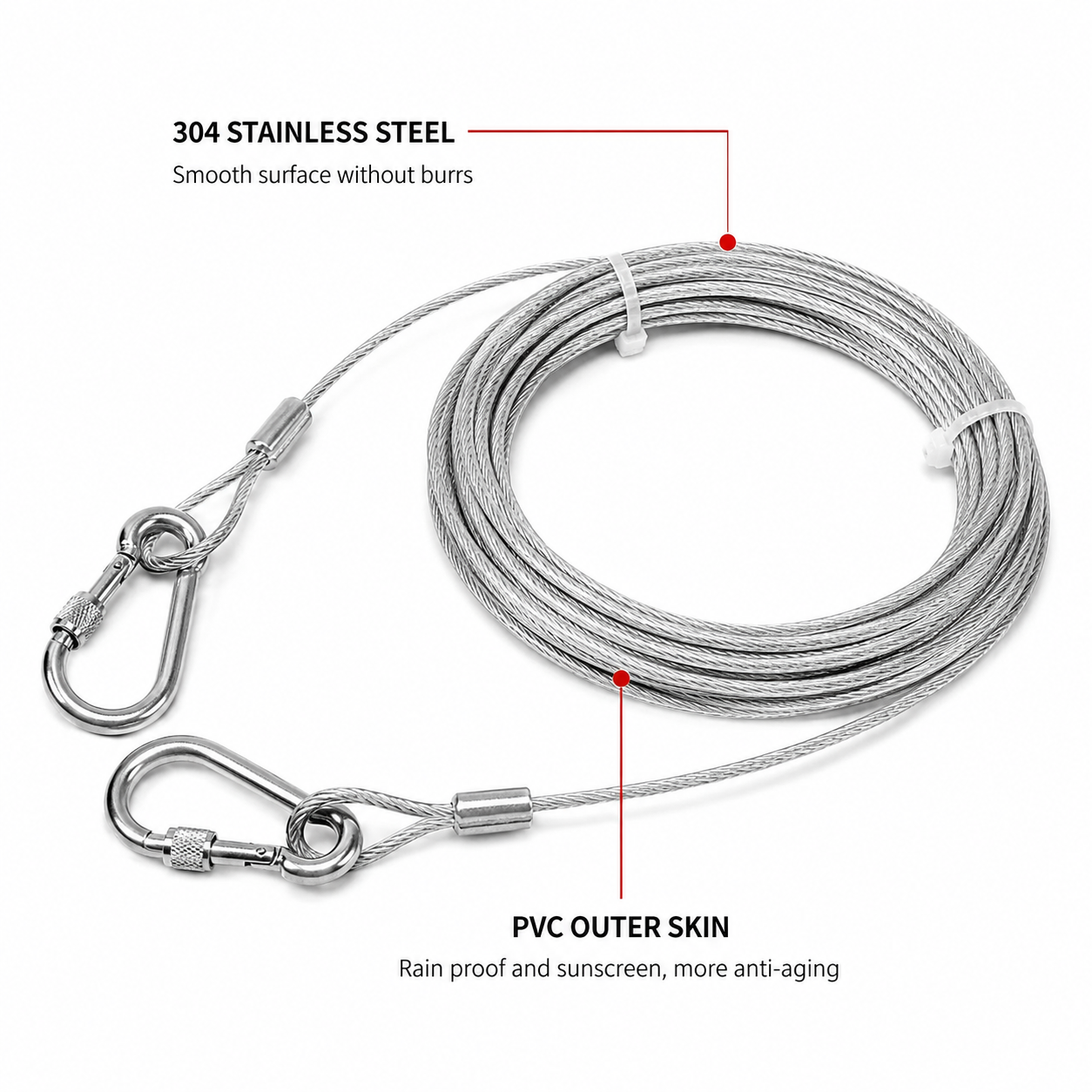 Stainless Steel Wire Rope Clothesline 10 Meter With Hooks