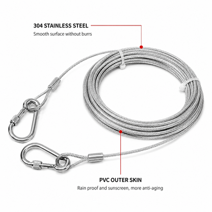 Stainless Steel Wire Rope Clothesline 10 Meter With Hooks