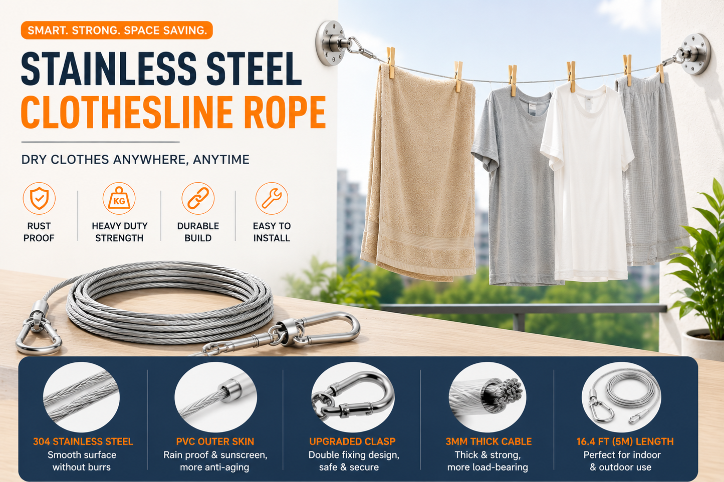 Stainless Steel Wire Rope Clothesline 10 Meter With Hooks
